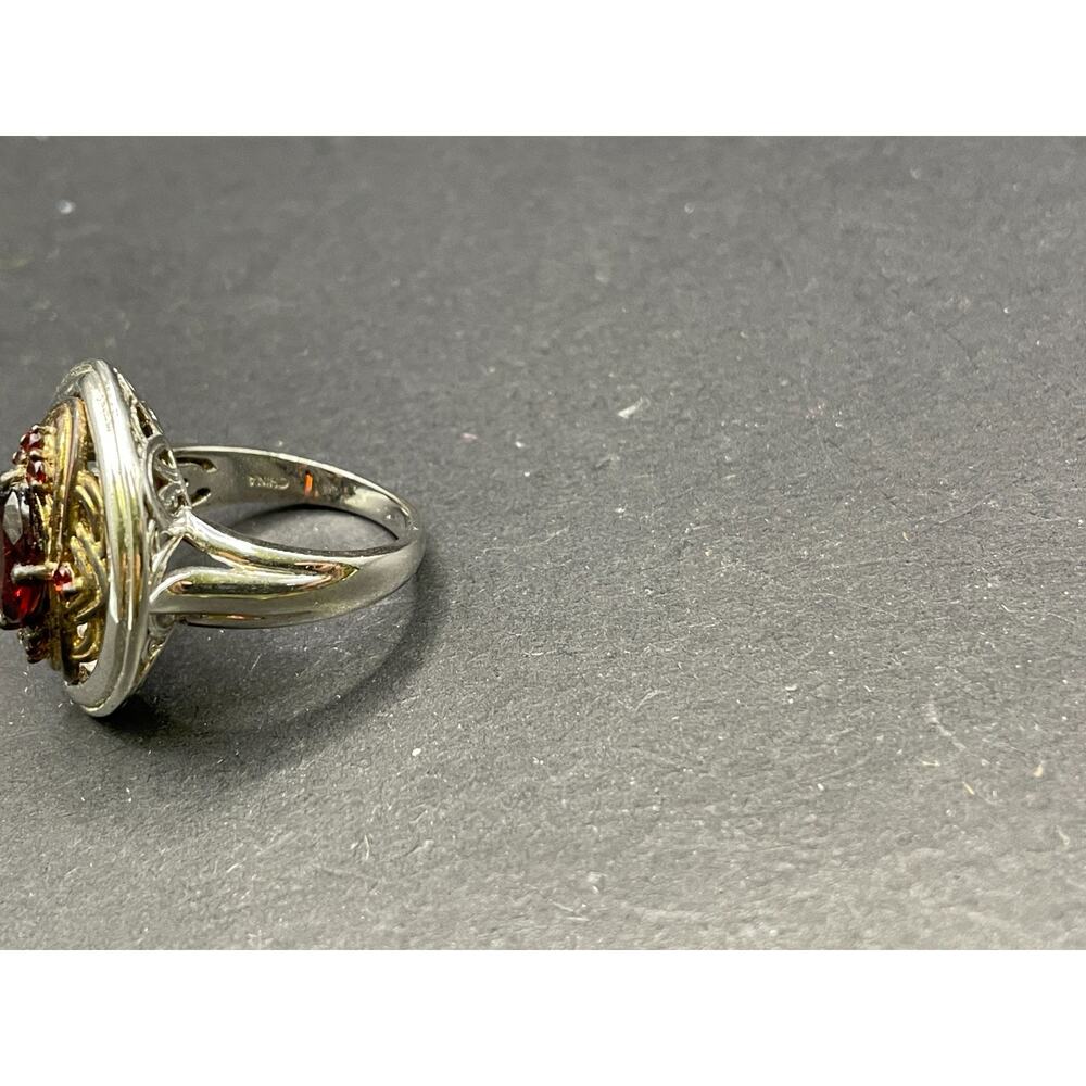 Vtg Gothic Red Garnet Filigree Ring Two Tone Sterling Silver Scroll Shield Sz 9 - Picture 4 of 7